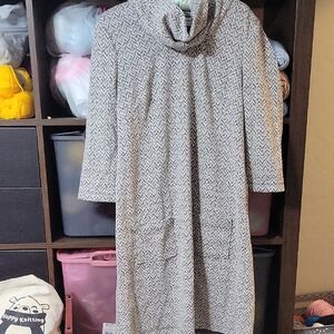 Funnel Neck Herringbone Patterned A-line Dress.